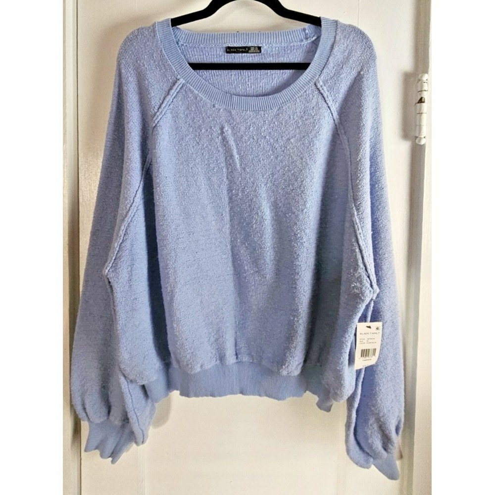 NWT BLACK TAPE long puff sleeves pullover knit cotton sweater sky blue‎ woman XL